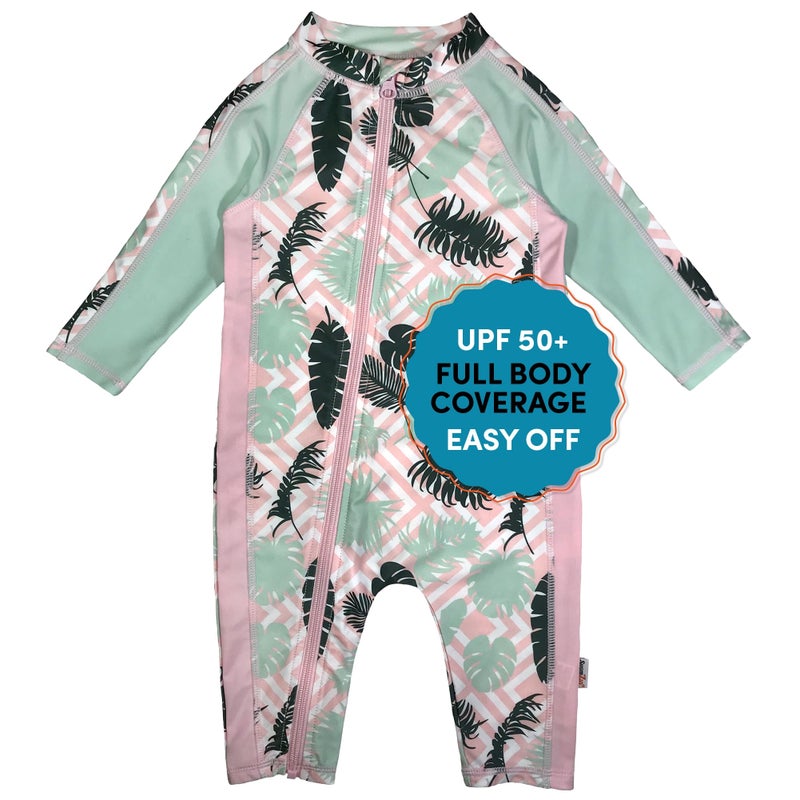SwimZip Little Girl Long Sleeve Sunsuit with UPF 50 Sun Protection,Palm,0-6 Month - Image 1